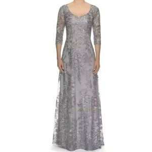 La Femme Silver Metallic Floral Embroidered Mesh A-Line Evening Gown Dress sz 18